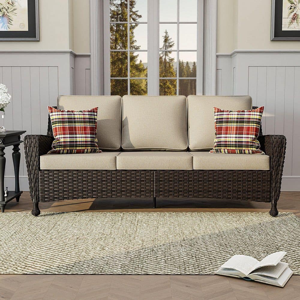 3-Seat Brown Wicker Outdoor Chaise Lounge Patio Sofa with Beige Cushions price history on PriceWatchPro