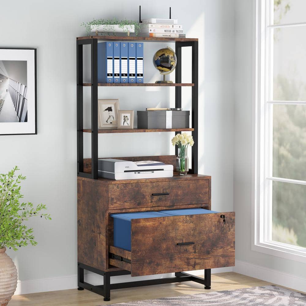 BYBLIGHT Atencio Wood Finish 2-Drawer Vertical File Cabinet with Lock and Open Bookshelf, Brown -  BB-C0574XL