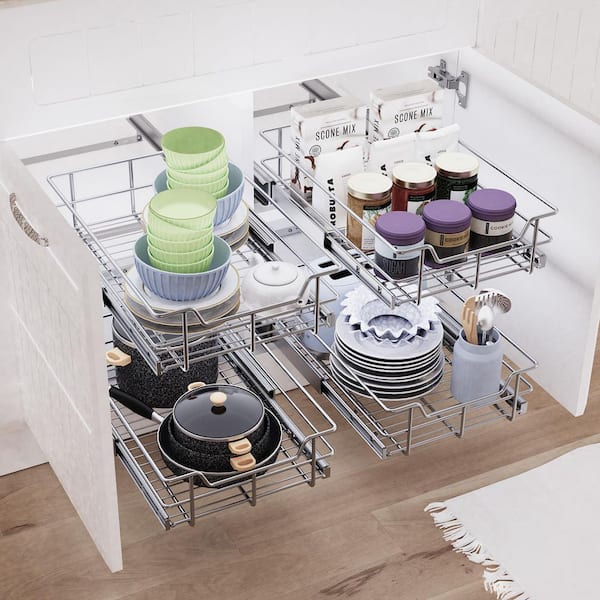 Heavy Duty Pull Out Cabinet Organizer, Silver Kitchen Pot Rack with Sliding Baskets, Slide Out Drawers for Kitchen