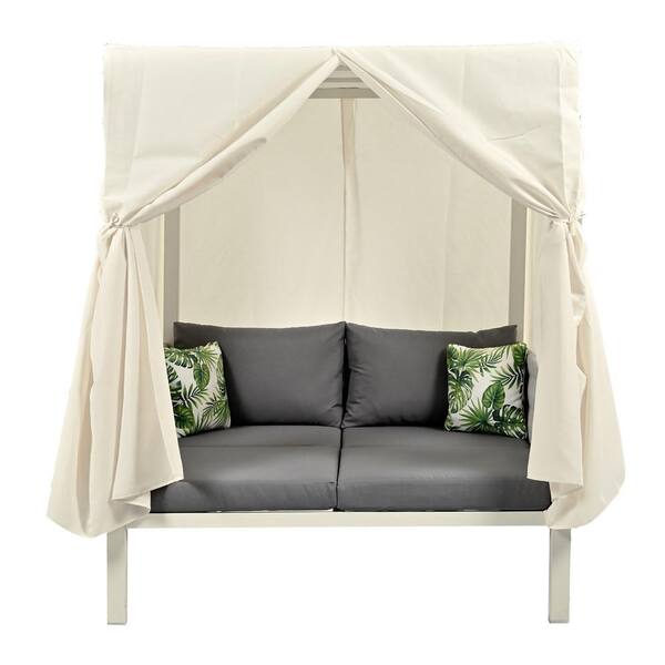 Zeus & Ruta 2-Person White Metal Patio Outdoor Sunbed Day Bed with Gray Cushions and Curtains