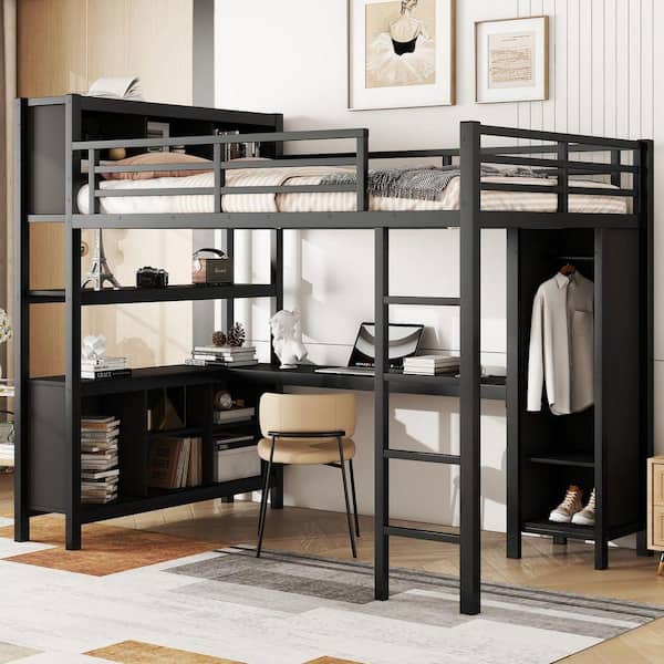 Black Full Size Loft Bed with Wardrobe and L-shaped Desk