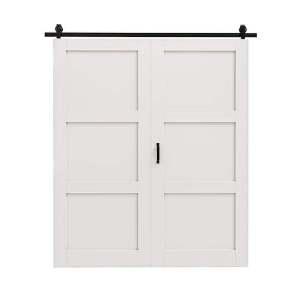 56 in. x 80 in. Easy Install 3-Panel White Primed Solid Core MDF Composite Bi-Fold Sliding Barn Door with Hardware Kit