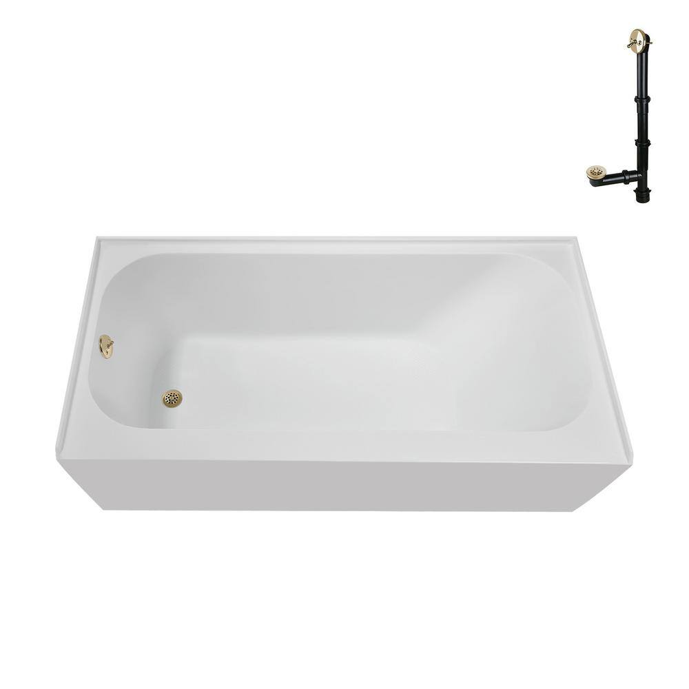 66-Inch Glossy White Acrylic Alcove Bathtub with Polished Brass Drain
