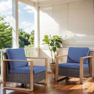 Allcot Brown Powder-Coated Steel Wicker Outdoor Lounge Chair with CushionGuard Blue Cushions (2-Pack)