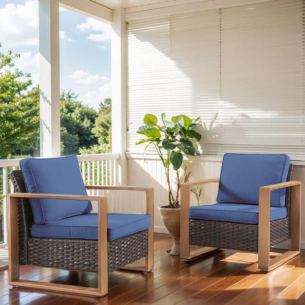 Gymojoy Allcot Brown Powder-Coated Steel Wicker Outdoor Lounge Chair with CushionGuard Blue Cushions (2-Pack)