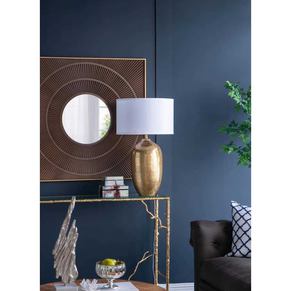 31 in. Gold Contemporary Integrated LED Round Drum Table Lamp for Bedroom & Living Room with White Metal Shade price history on PriceWatchPro