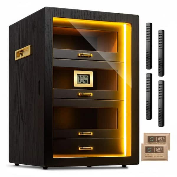 10.24 x 15.75in. H Brown Walnut Cedar Wood Cigar Humidor Cabinet with Digital Hygrometer and LED Light