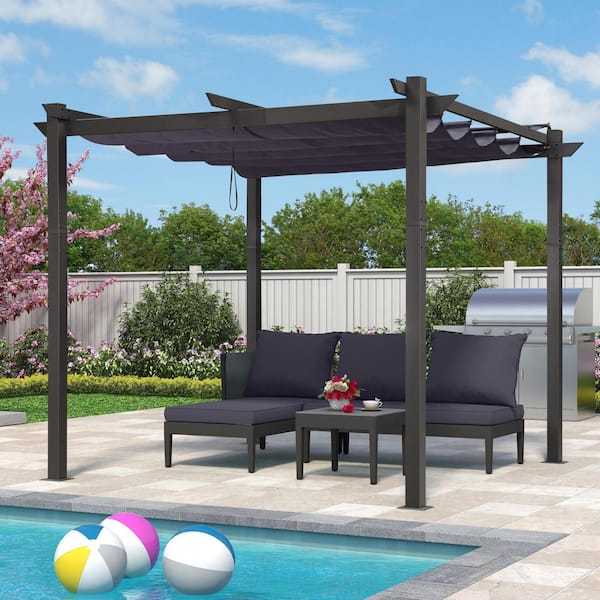 PURPLE LEAF 10 ft. x 10 ft. Gray Aluminum Frame Outdoor Pergola Gazebo with Blue Retractable Sun Shade Canopy and Extra Top Roof