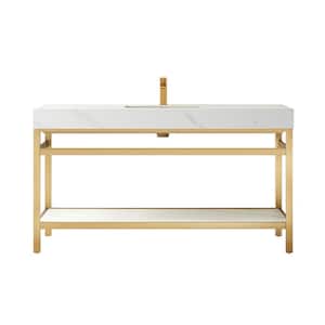 Funes 60 in. W x 22 in. D x 33.9 in. H Single Sink Bath Vanity in Brushed Gold Metal Stand with White Sintered Stone Top