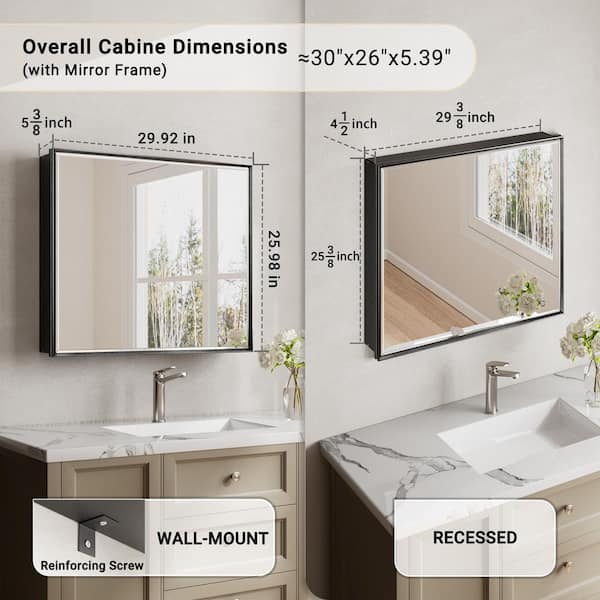 Musey 30 in. W x 26 in. H Black Rectangular Aluminum Recessed/Surface Framed Medicine Cabinet with Beveled Edge Mirror