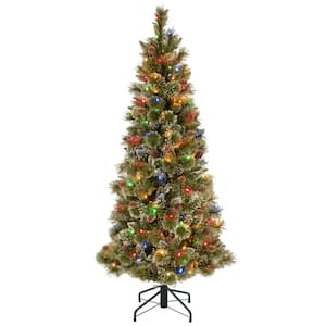 5 ft. Glistening Pine Pencil Slim Hinged Tree with Silver Glittered Cones and 150 Multi-Lights Plus PowerConnect