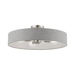 Elmhurst 22 in. 4-Light Brushed Nickel Semi-Flush Mount with Urban Gray Fabric Shade with White Fabric Inside