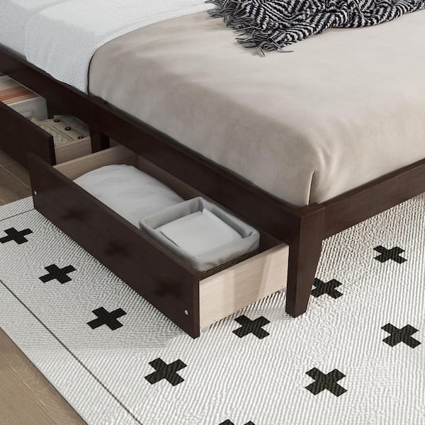 Espresso Brown Wood Frame King Size Platform Bed with Rattan Headboard, 2 Drawers, Enhanced Support Slats and Feet