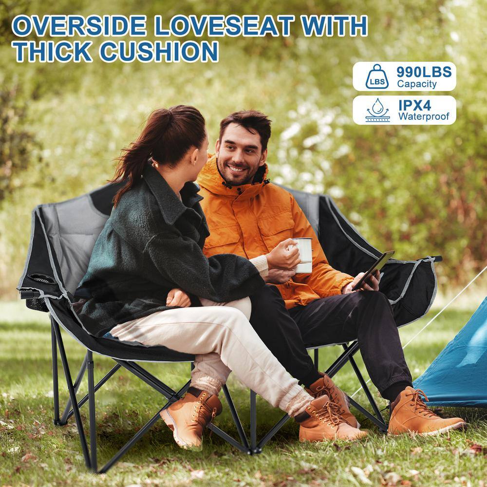 XXXL Heated Double Black Gray Steel Camping Chair with Cushions