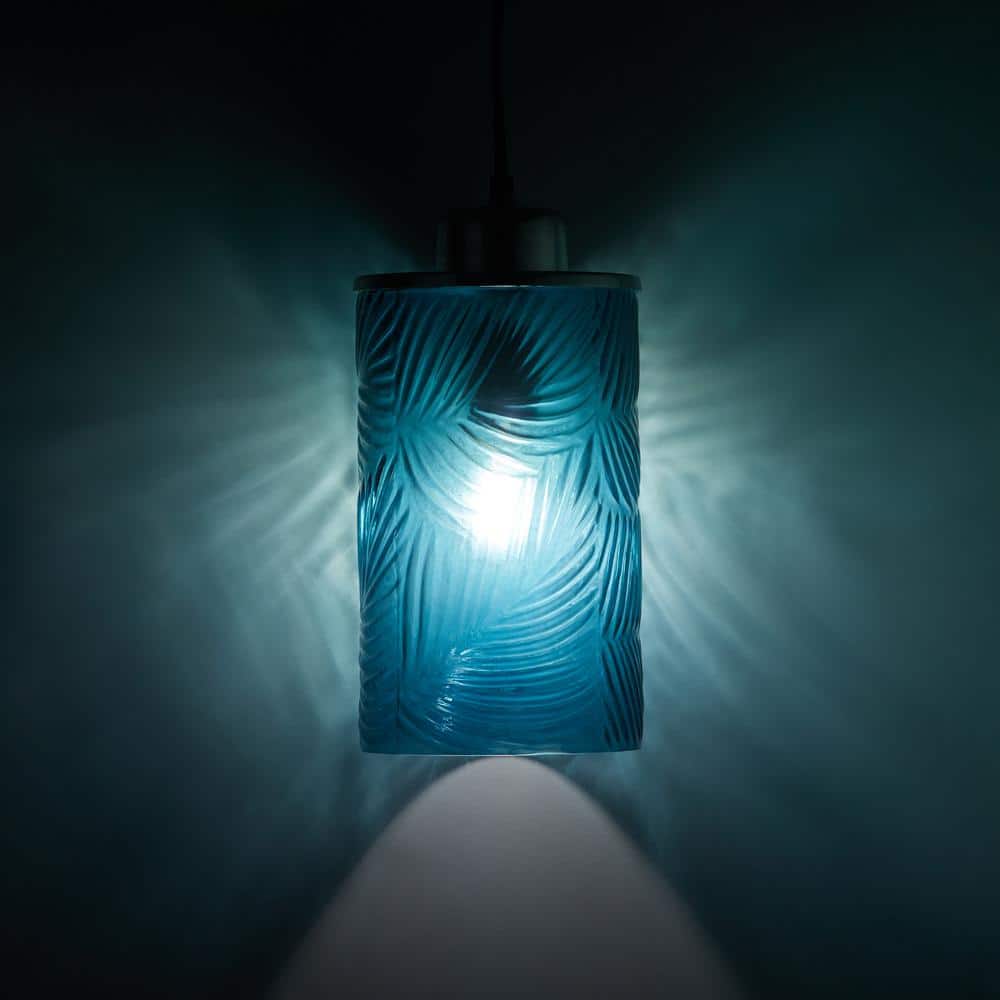Aimee Blue Glass Cylinder Pendant Lamp with Palm Leaf Texture