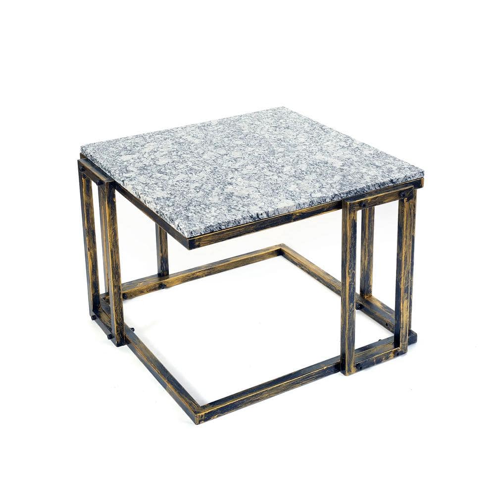 14.5" Granite Marble Black and Gold Metal Plant Stand