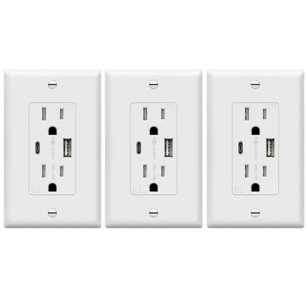 3.6 Amp USB-C Wall Duplex Outlet Charger with Wall Plate in White (3-Pack)