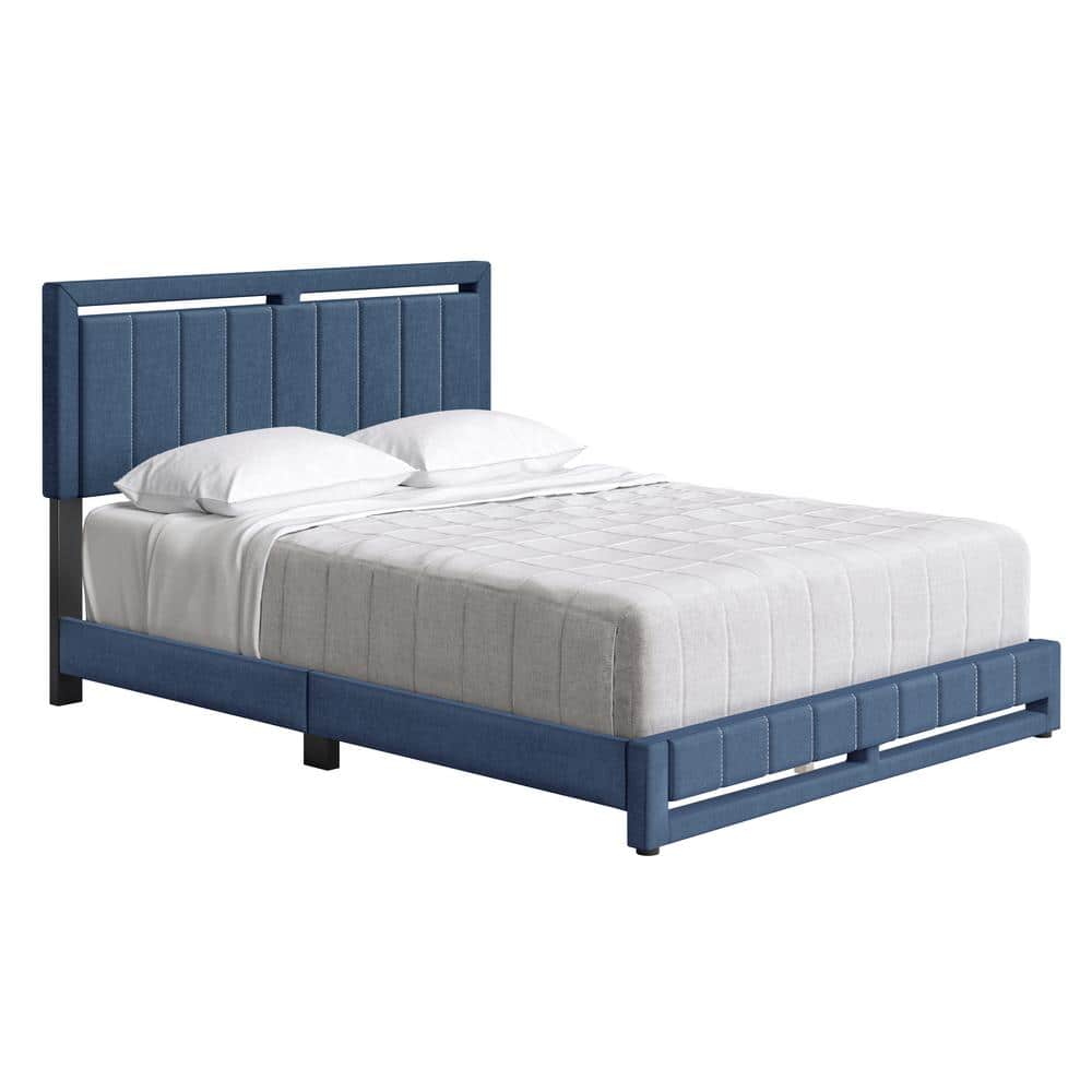Senata Upholstered Linen Platform Bed, King, Blue