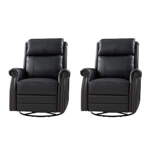 Sonia Transitional Black 30.5 in. Wide Genuine Leather Manual Rocking Recliner w/ Metal Base and Rolled Arms (Set of 2)