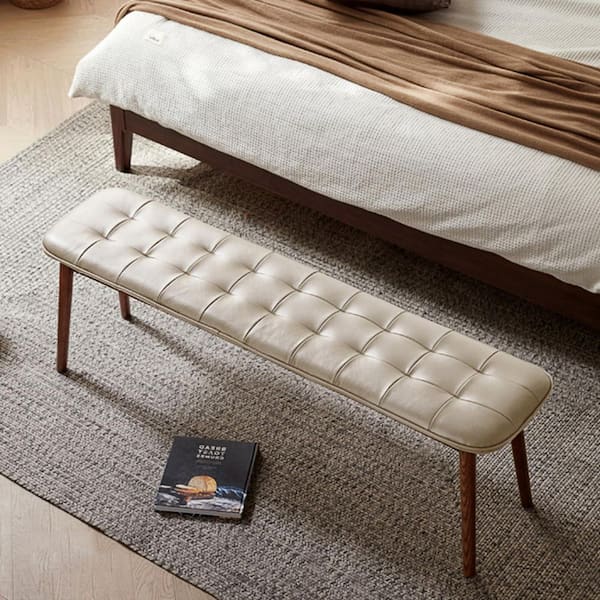 Button-Tufted Off White Oak 100% Solid Wood Cowhide Leather Upholstered Bedroom Bench for Living Room, Dining Room