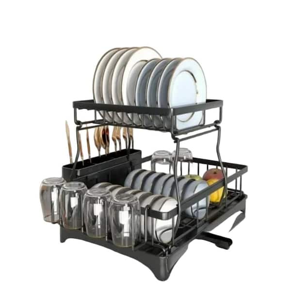 INNOBULE Over Sink Dish Rack 2 Tier Stainless Steel Space Saving Drainer with Cup Holder Black
