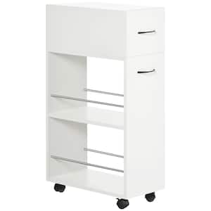 Utility White Kitchen Cart with Drawer and Open Shelves