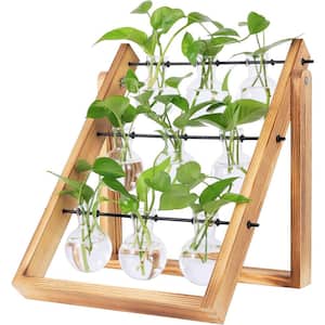 Brown Wood Plant Propagation Stations with 9 Glass Tubes and Stand for Garden Decoration