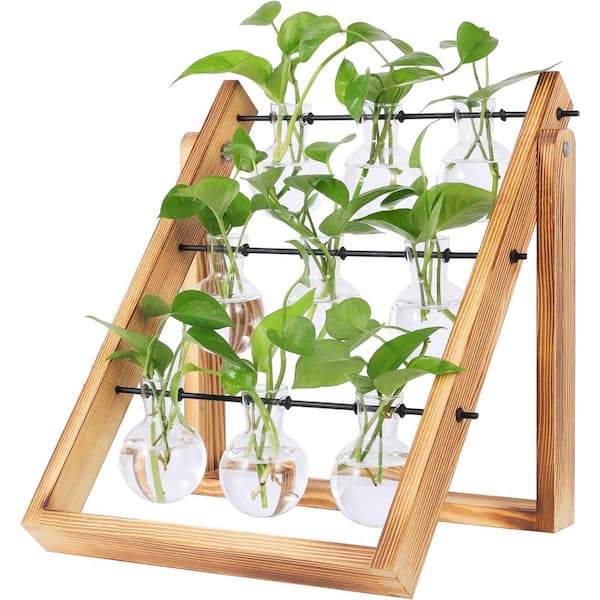 ITOPFOX Brown Wood Plant Propagation Stations with 9 Glass Tubes and Stand for Garden Decoration