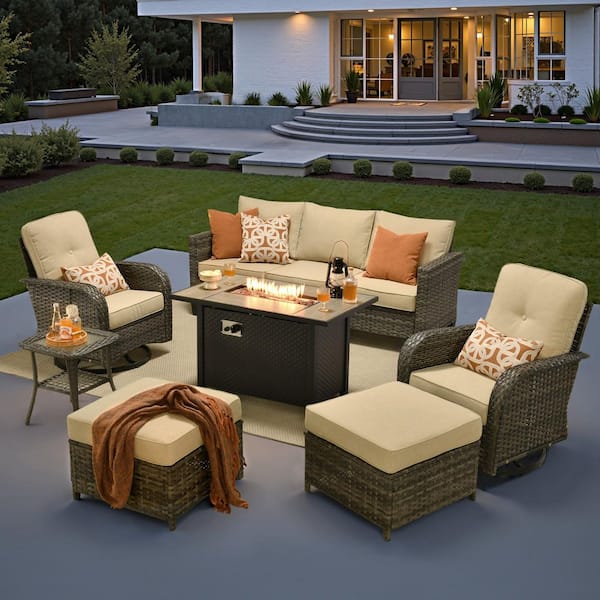 Audrey Gray Wicker 7-Piece Outdoor Patio Furniture Set Patio Conversation Set with Fire Pit and Beige Cushion