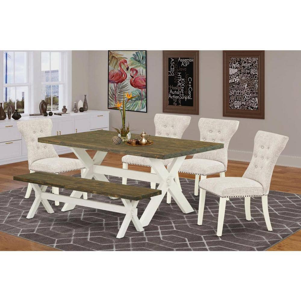 Linen White and Distressed Jacobean 6-Piece Dining Set with Padded Chairs and Bench