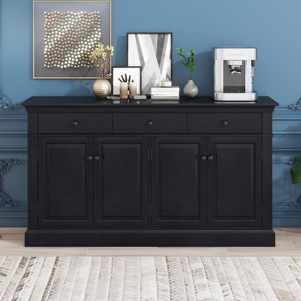Harper & Bright Designs Black Extra Large Storage Space MDF 60 in. Sideboard with 3-Drawers and 2-Cabinets