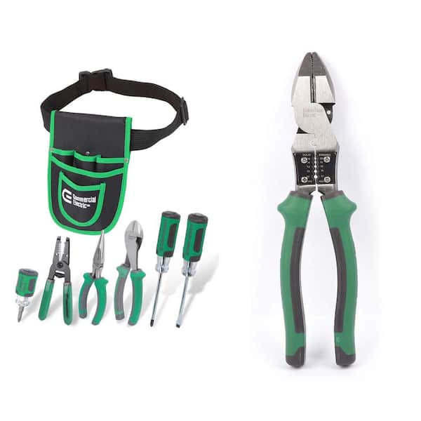 Commercial Electric 7-Piece Electrician's Tool Set with Pouch and 9 in. High-Leverage Multi-Purpose Linesman Pliers