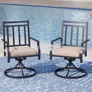 Black Metal Stripe Patio Outdoor Dining Swivel Chair with Beige Cushion (2-Pack)