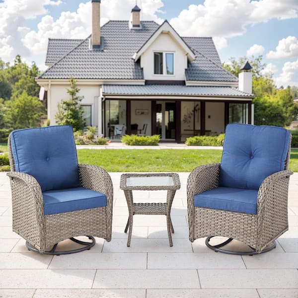 moosprr Gray 3-Piece Wicker Outdoor Rocking Chair with Blue Cushions and Side Table