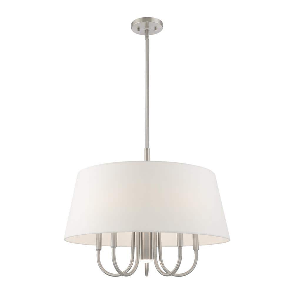 Belclaire 6-Light Brushed Nickel Pendant with Off-White Drum Shade