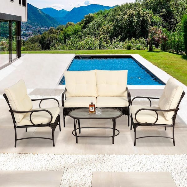 Tenleaf 4-Piece Wicker Outdoor Sofa Sectional Set Conversation Set with Beige Cushions