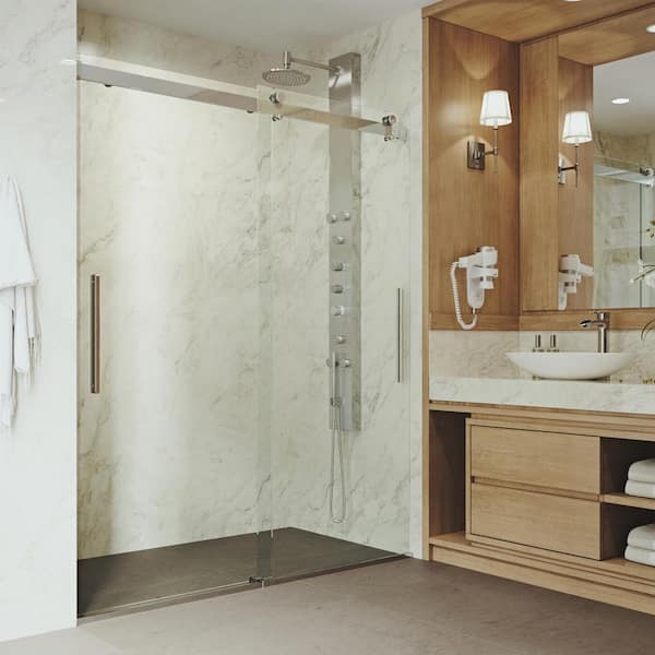 VIGO Caspian 59 to 61 in. W x 74 in. H Sliding Frameless Shower Door in Chrome with 3/8 in. (10mm) Clear Glass