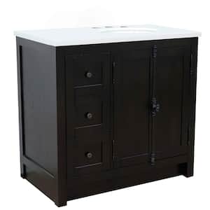 Plantation 37 in. W x 22 in. D x 36 in. H Bath Vanity in Brown Ash with White Quartz top and Right Side Oval Sink