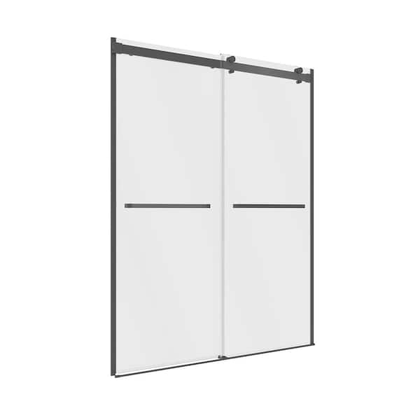 CRAFT + MAIN Lagoon 47 in. W x 76 in. H Sliding Semi-Frameless Shower Door in Gunmetal Grey with Clear Glass and Horizontal Handles