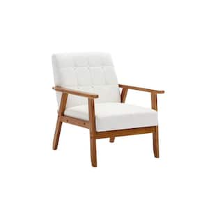 Mid-Century Upholstered White Linen Fabric Accent Arm Chair with Solid Wood Frame
