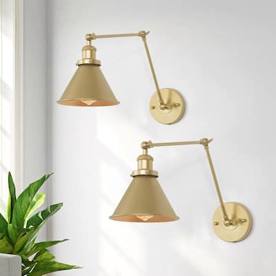 Brass Swing Arm, 1-Light Gold Bell Modern Swing Arm Plug-In Wall Sconce Desk Lamp Hardwired Bedroom Wall Lamp (2-Pack)