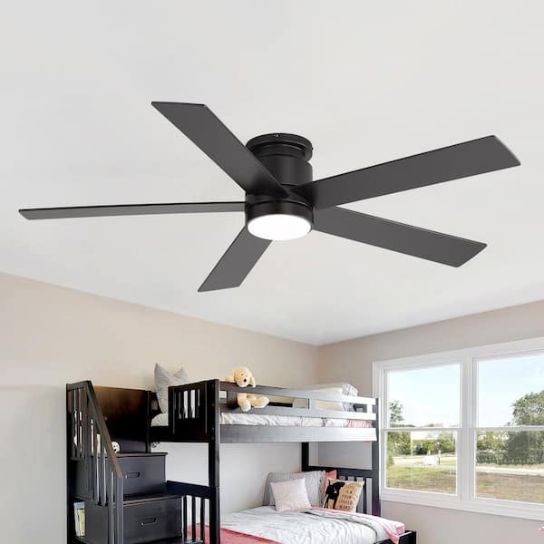 Hector II 52 in. Covered Outdoor Standard Black Flush Ceiling Fan with LED Light, Black Blade and Remote Included