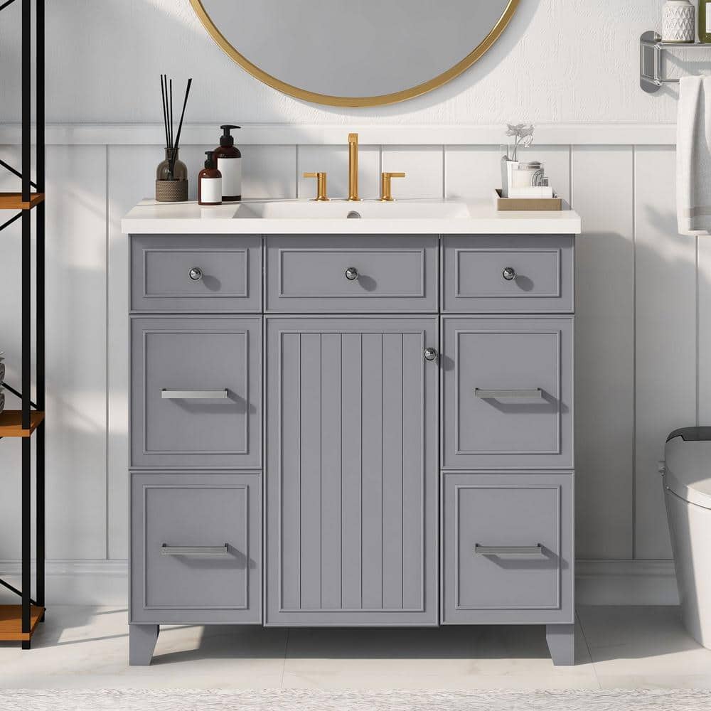 36 in. W x 18 in. D x 34 in. H Freestanding Bath Vanity in Gray with White 
