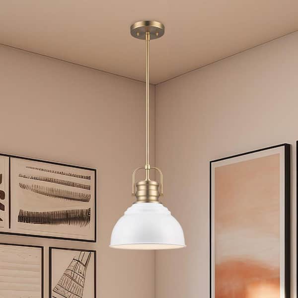 Shelston 10 in. 1-Light White and Brass Farmhouse Pendant Light Fixture with Metal Shade