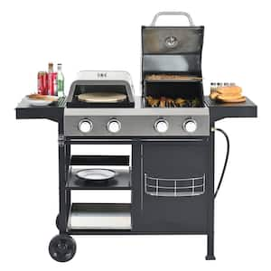 2-Plus 2-Burner Built-In Propane Gas Grill in Black and Silver and Pizza Oven Combo with Thermometer and Condiment Rack