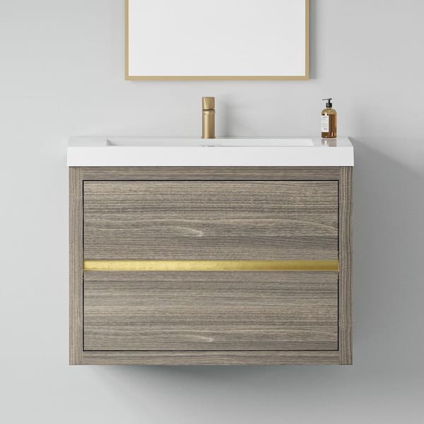 Ziyudura 30 in. Single Sink Floating Gray Bath Vanity with White Resin Top (Assembled), Ample Storage Space, Invisible Handle
