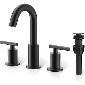 8 in. Widespread Double Handle Mid Arc Bathroom Faucet with Drain in Matte Black (1-Pack)