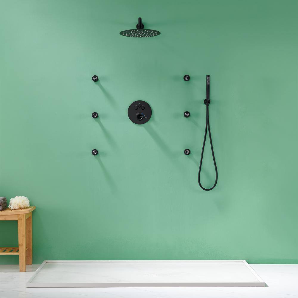 Matte Black Stainless Steel Wall Mounted Shower System with Rainfall and Body Jets