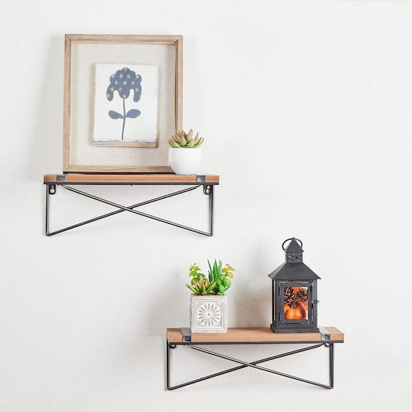 Glitzhome Rustic Farmhouse Metal Wooden Wall Shelf (Set of 2)
