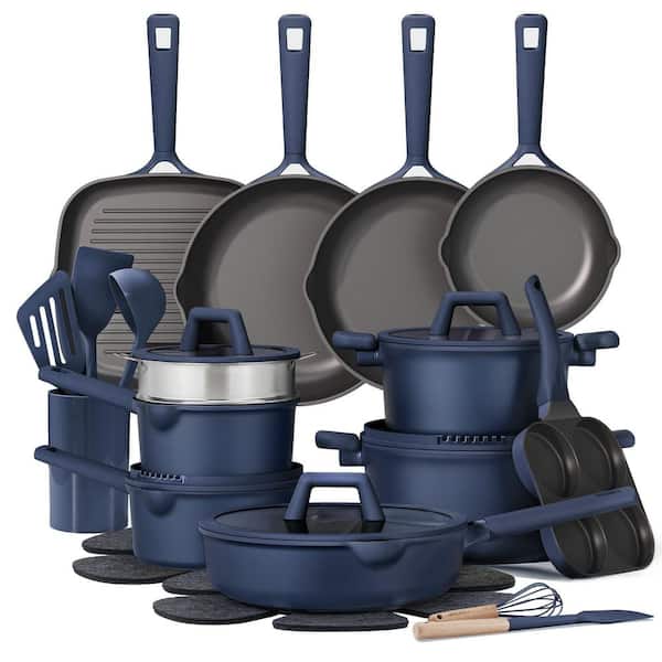 31-Piece Nonstick Aluminum Cookware Set with Lids in Blue, Induction Titanium Cookware Non-toxic Granite Cooking Set